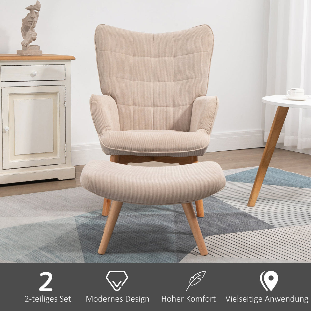 Wingback Chair with Footstool, Upholstered Corduroy, Beige