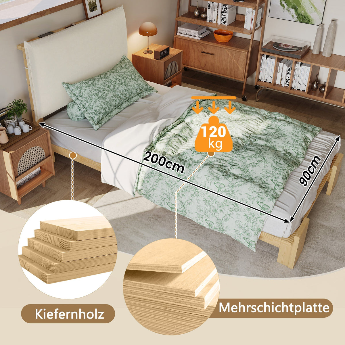 Upholstered Bed, Padded Headboard with Velcro and Sturdy Slatted Base, Pine and Plywood, Natural