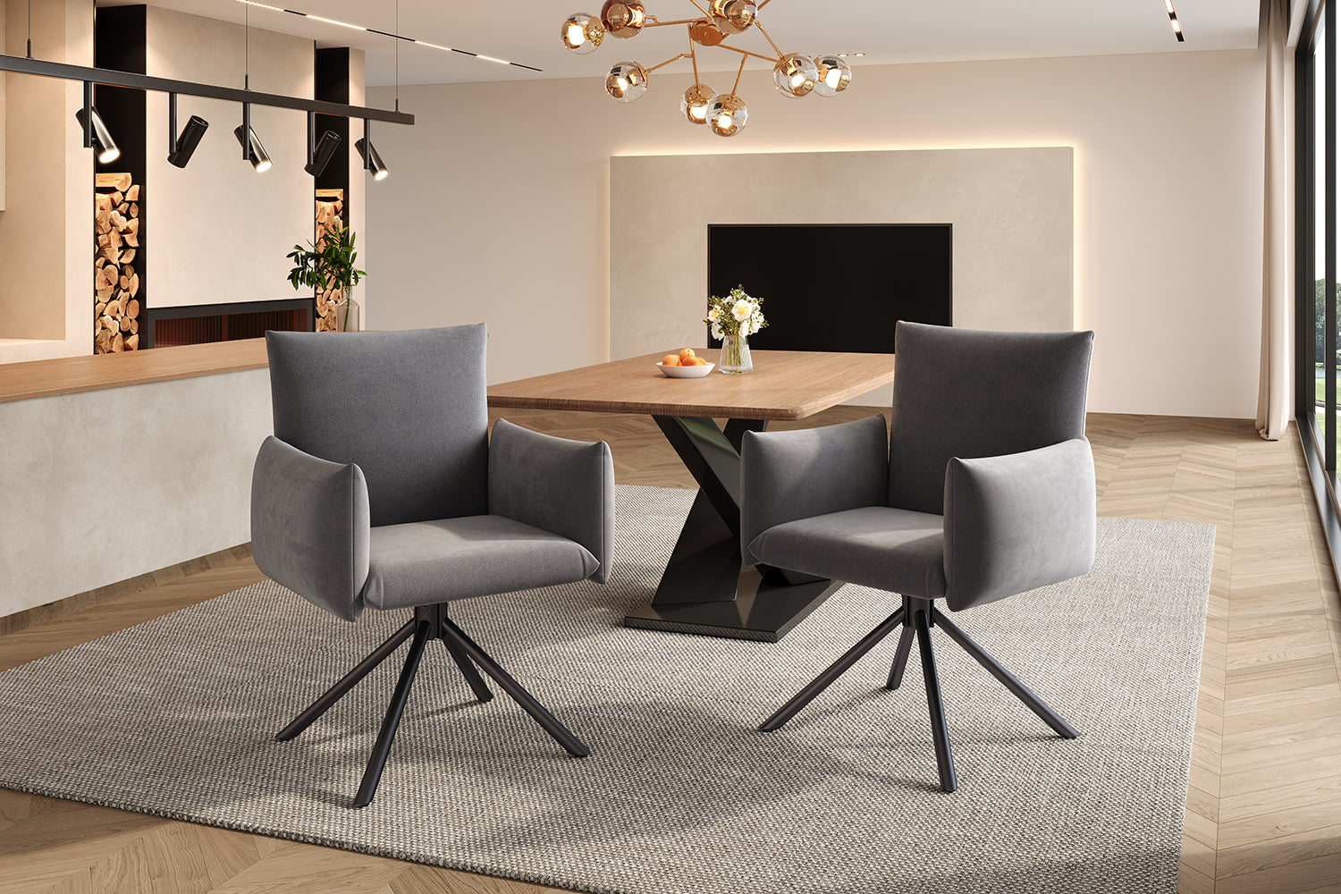 Set of 4 Dining Chairs Upholstered Swivel Metal Legs - Velvet Grey