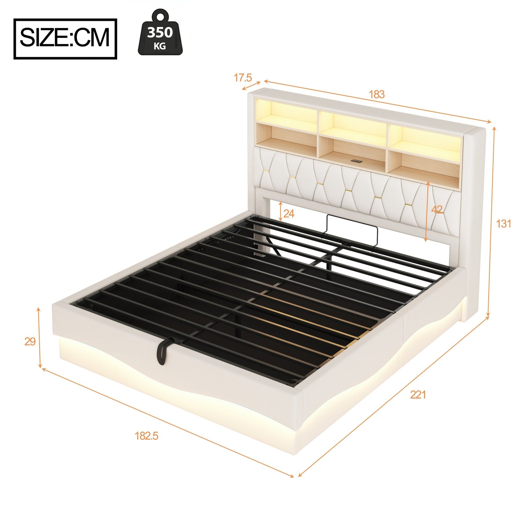 Upholstered Bed 180x200 Hydraulic Storage LED/USB Linen Beige