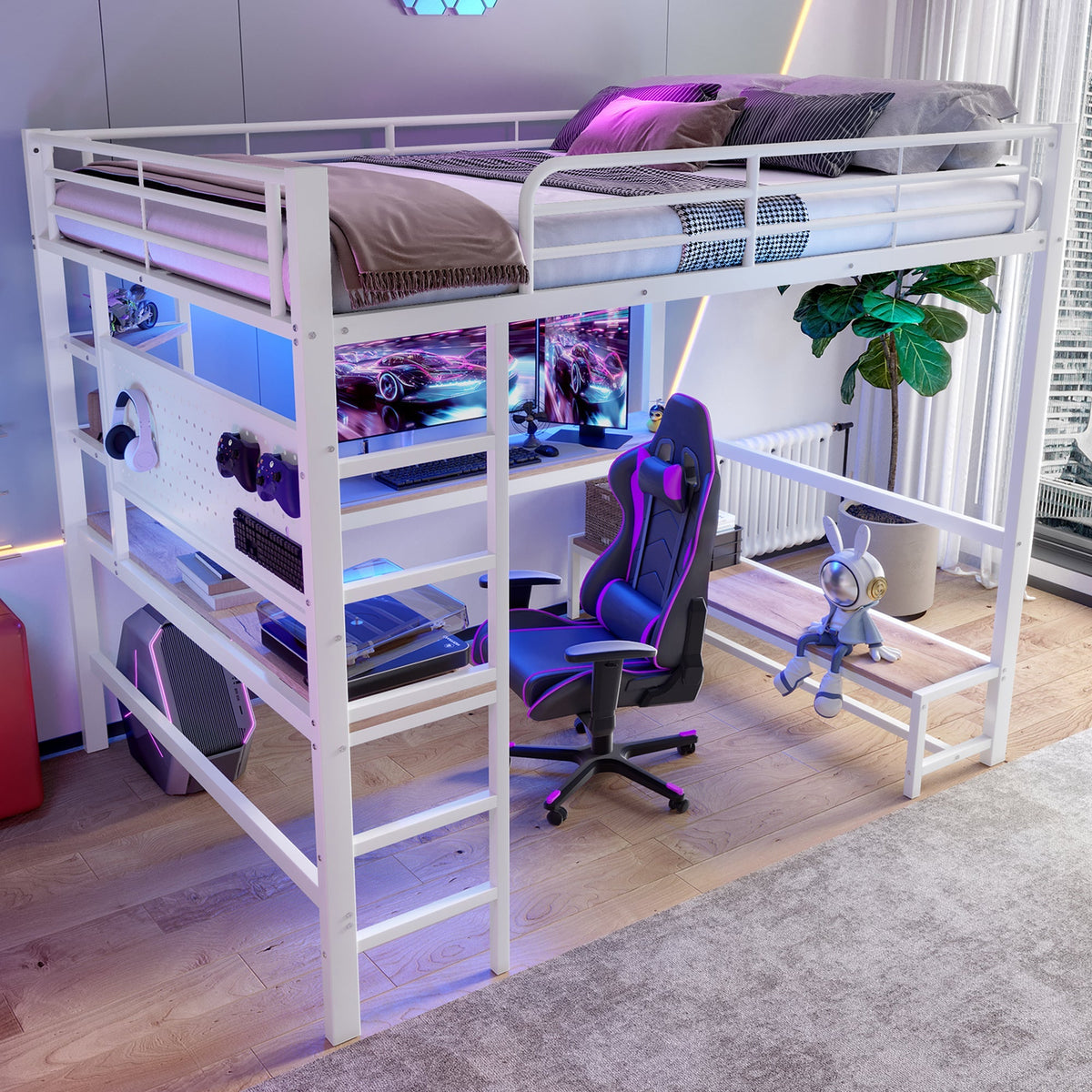 Loft Bed 140x200cm Desk Storage LED USB/Type-C Pegboard - White Iron Frame
