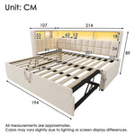 Upholstered Bed 90x200 with Trundle, LED & USB, Beige Linen