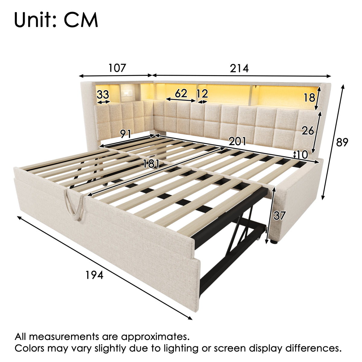 Upholstered Bed 90x200 with Trundle, LED & USB, Beige Linen