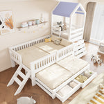 Kids House Bed with Pull-Out Bed, Drawers & Stairs, White