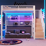 Loft Bed 90x200cm with Storage Ladder & LED Lights, White Iron Frame