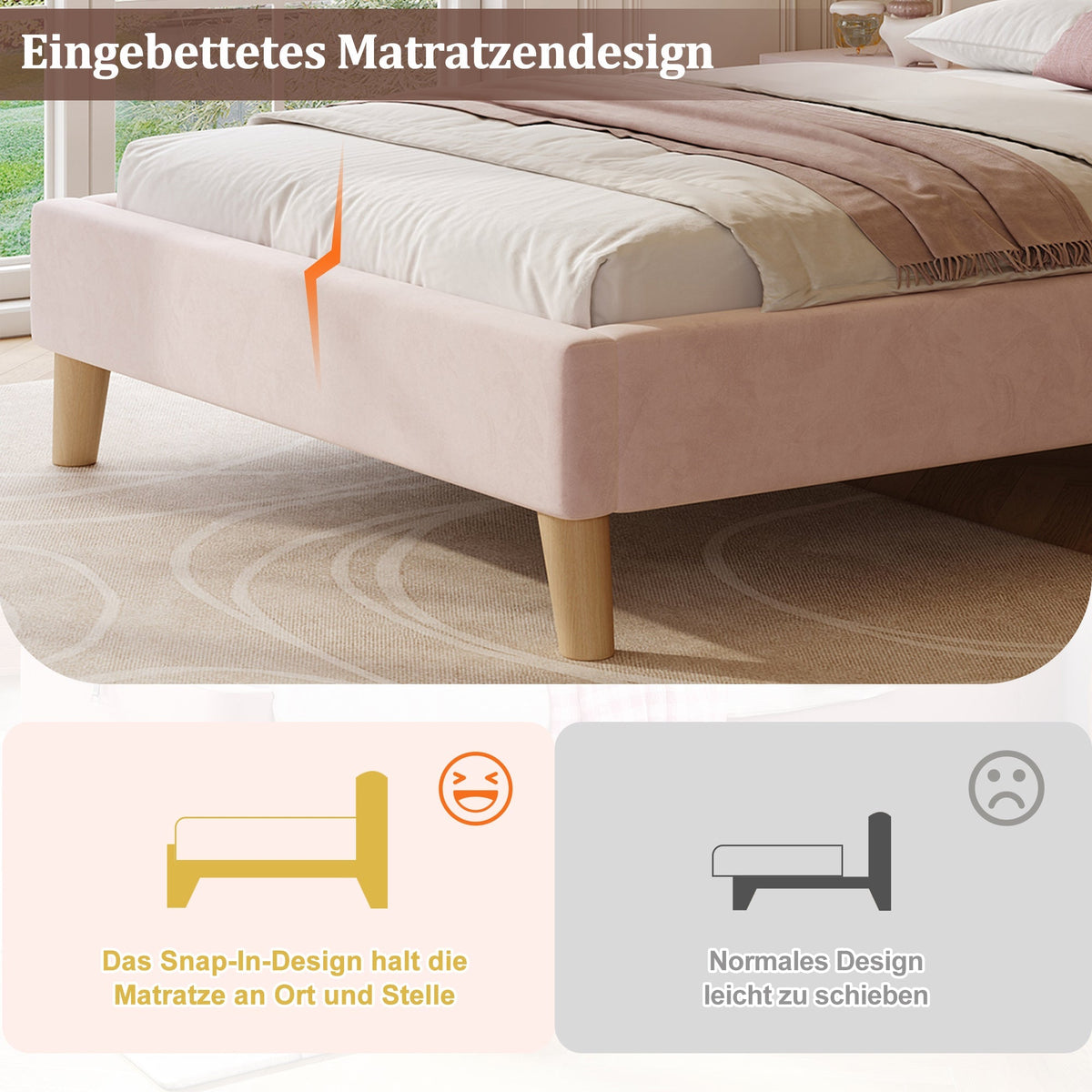 Upholstered Single Bed with Slatted Base and Headboard, 90 x 200cm, Pink Velvet