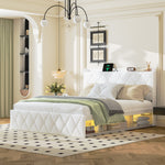 Upholstered Double Bed 160x200cm, USB LED & 6 Drawers, White Plush