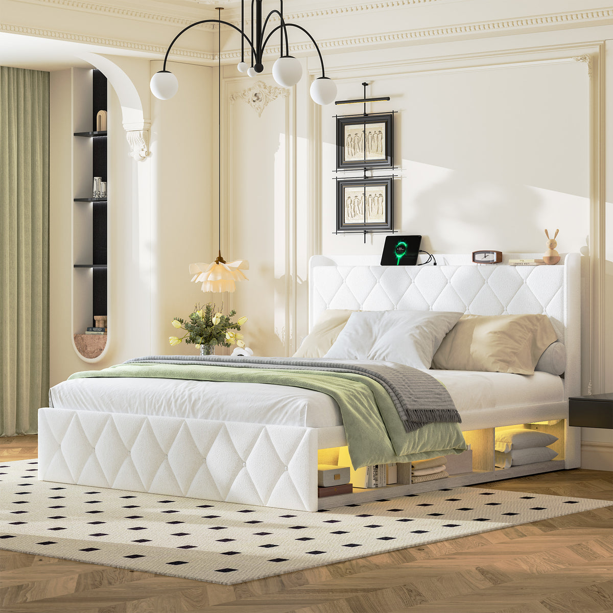Upholstered Double Bed 160x200cm, USB LED & 6 Drawers, White Plush