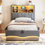 Children's Bed Hydraulic Storage LED USB Metal Frame, Grey Linen