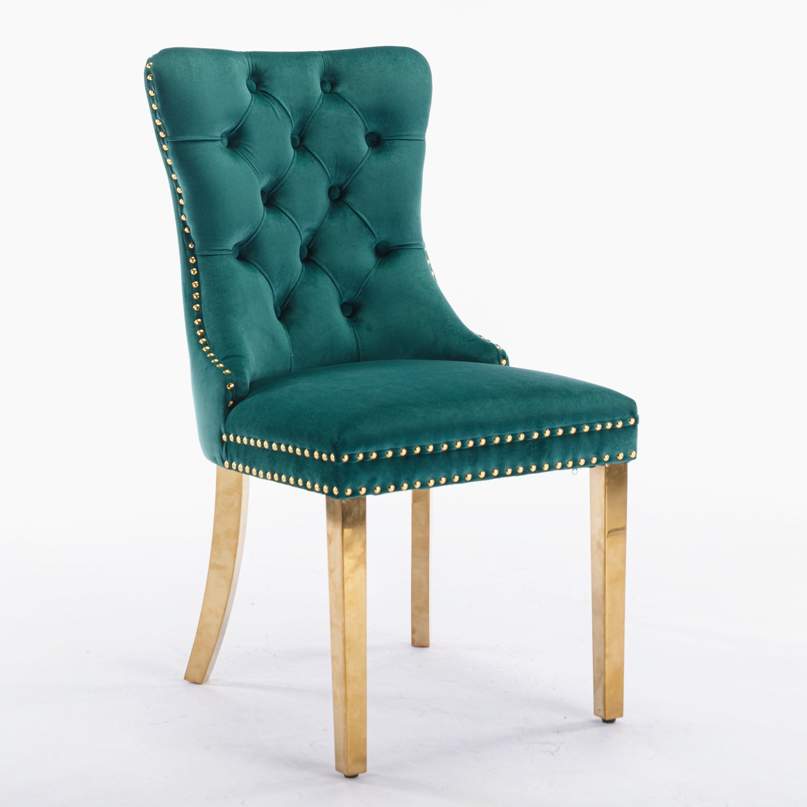 Velvet Dining Chair Tufted Solid Wood Golden Legs Set of 2 - Green