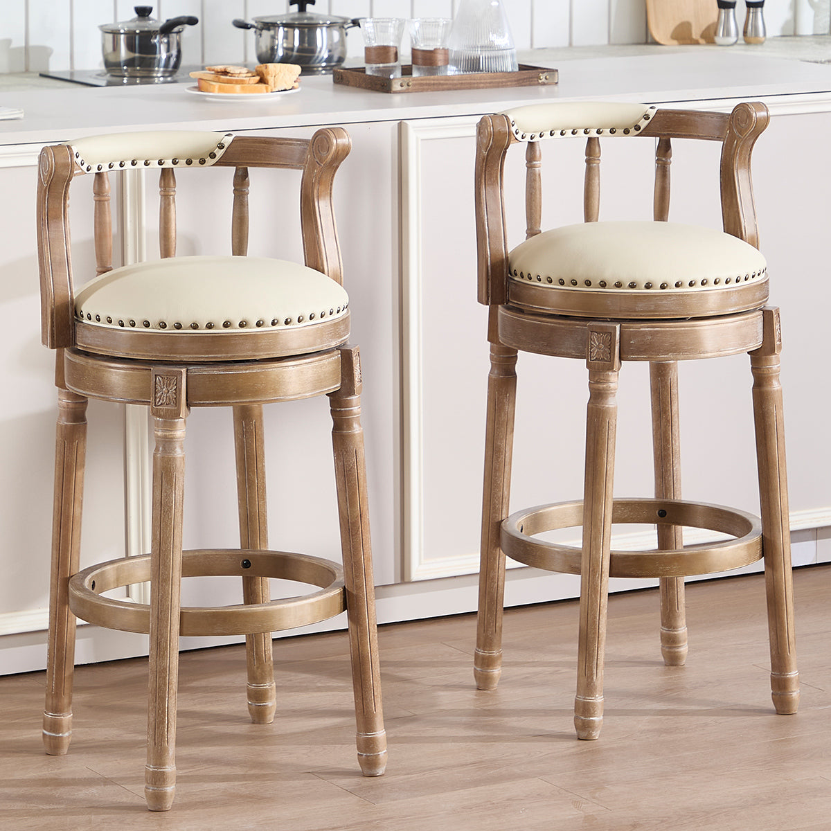Cow Top Leather Bar Stools 360° Swivel with Backs, Bar/Counter Height - Wooden
