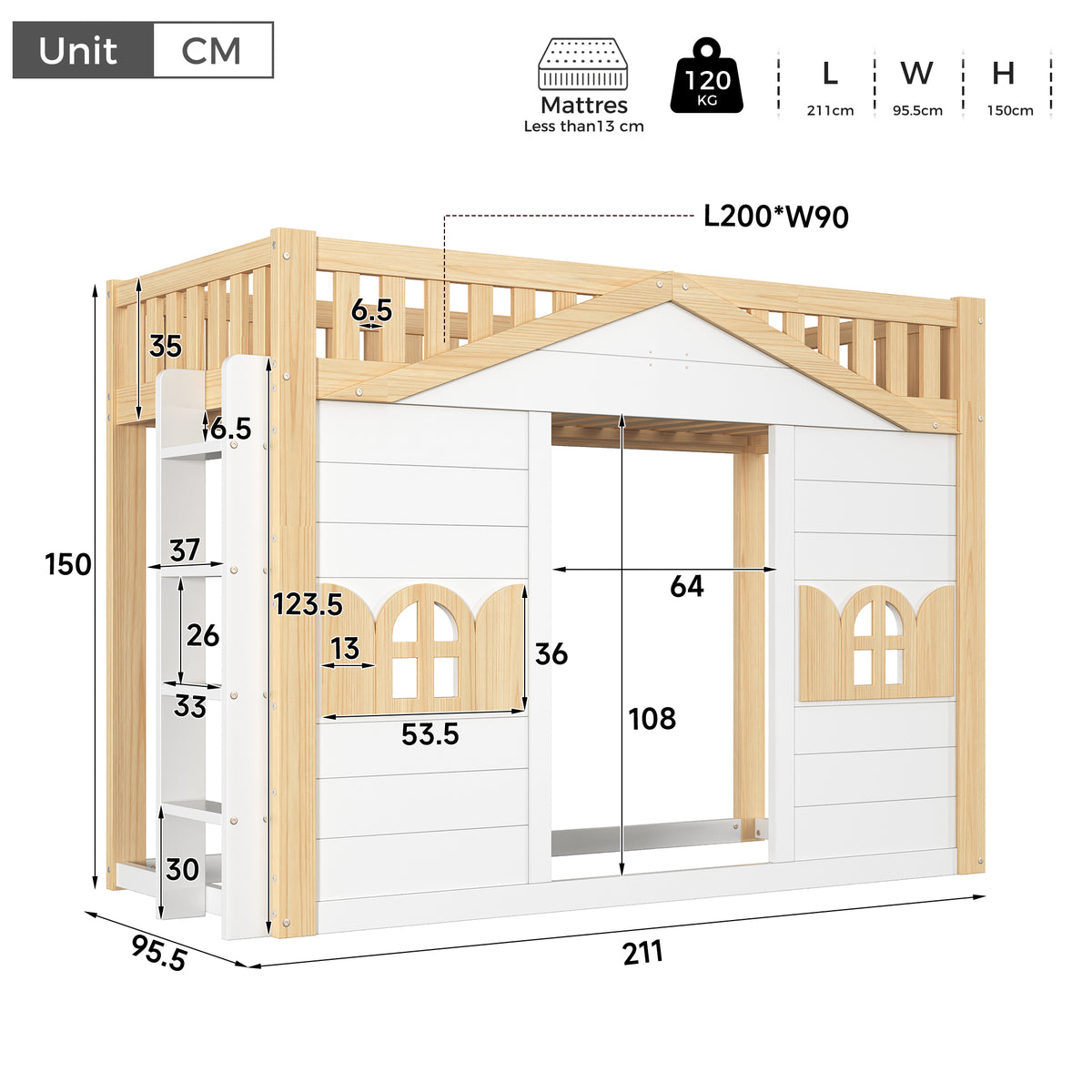House Bunk Bed 90x200cm Loft Bed with Window, White & Natural Wood