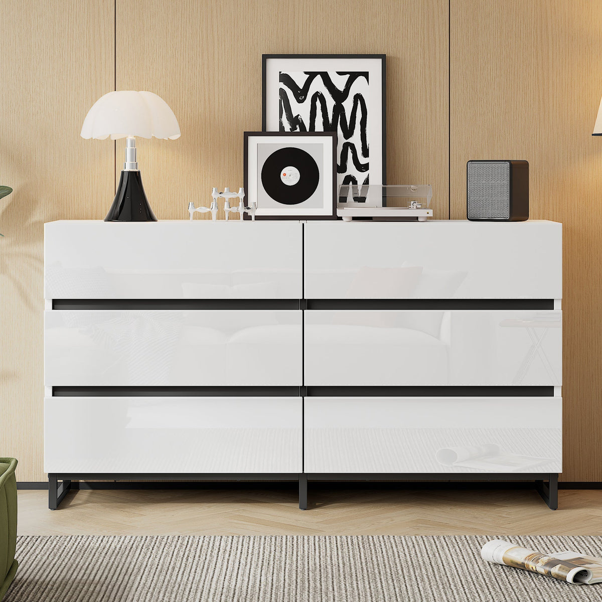 Living Room Sideboard, 6-Drawer High-Gloss Cabinet with Metal Legs, White/Black