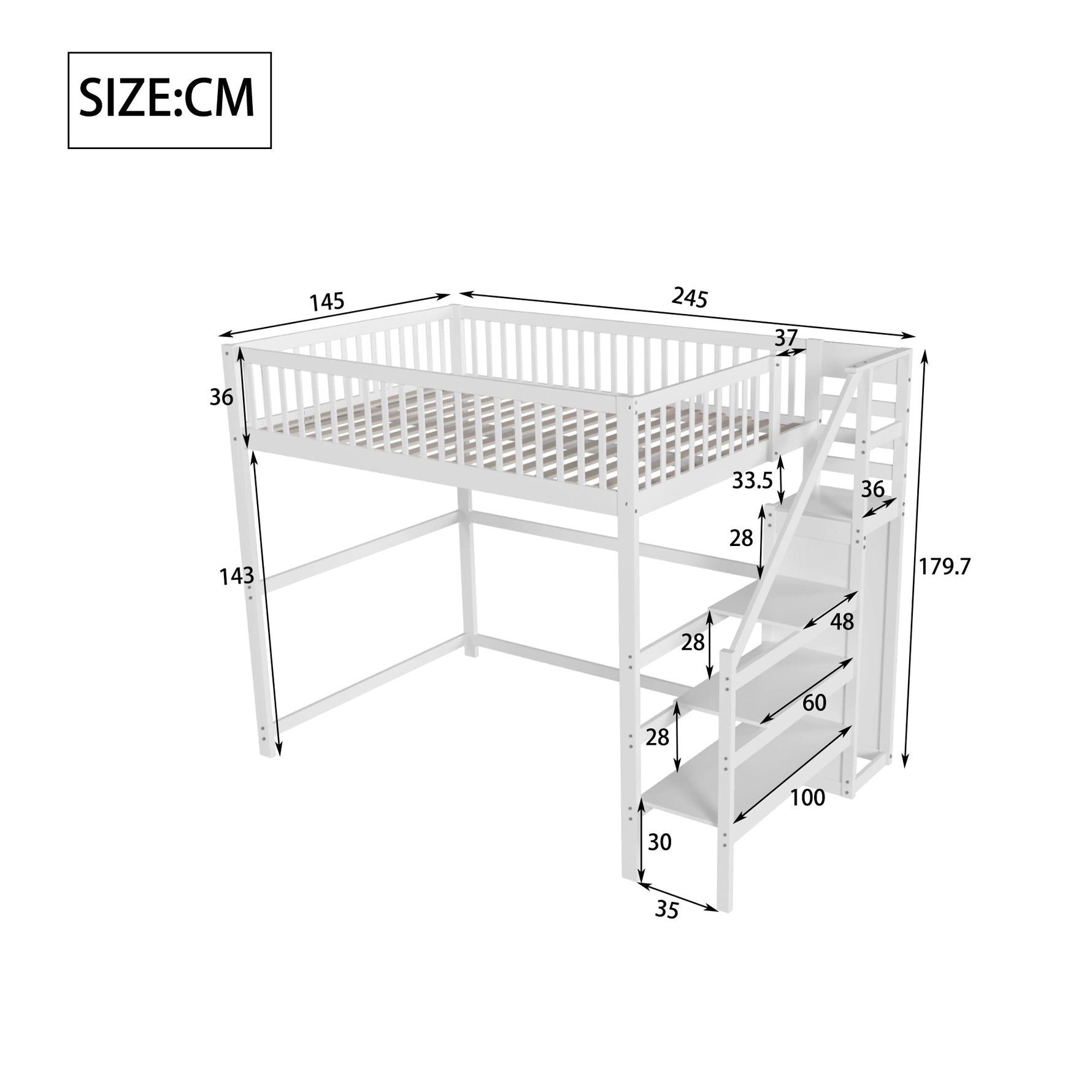 Loft Bed, 140x200 with Stairs, Storage, Wardrobe, White Wood