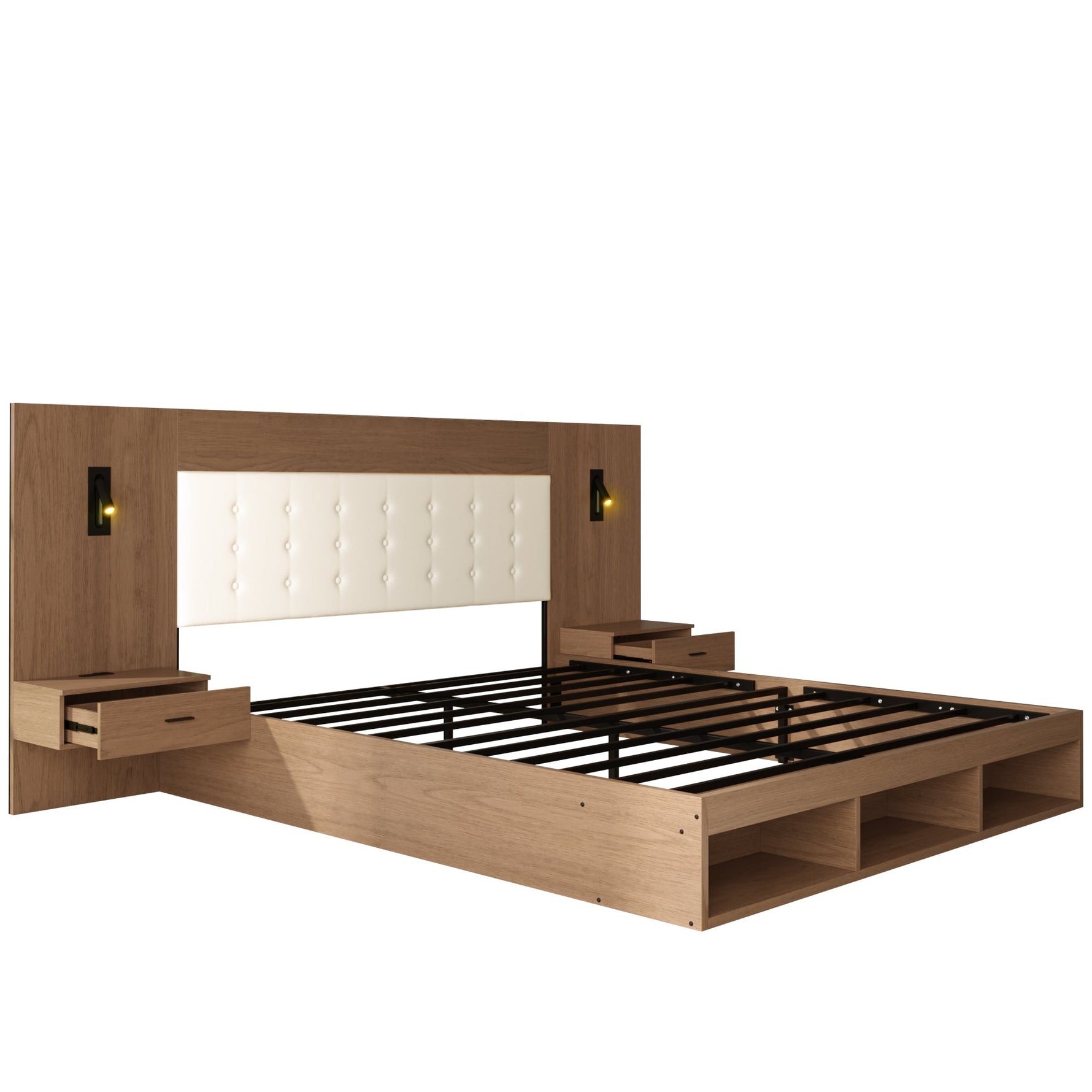 Double Bed with USB Charging Station, Reading Lamp and 2 Bedside Tables, 180x200cm, Walnut Wood Color