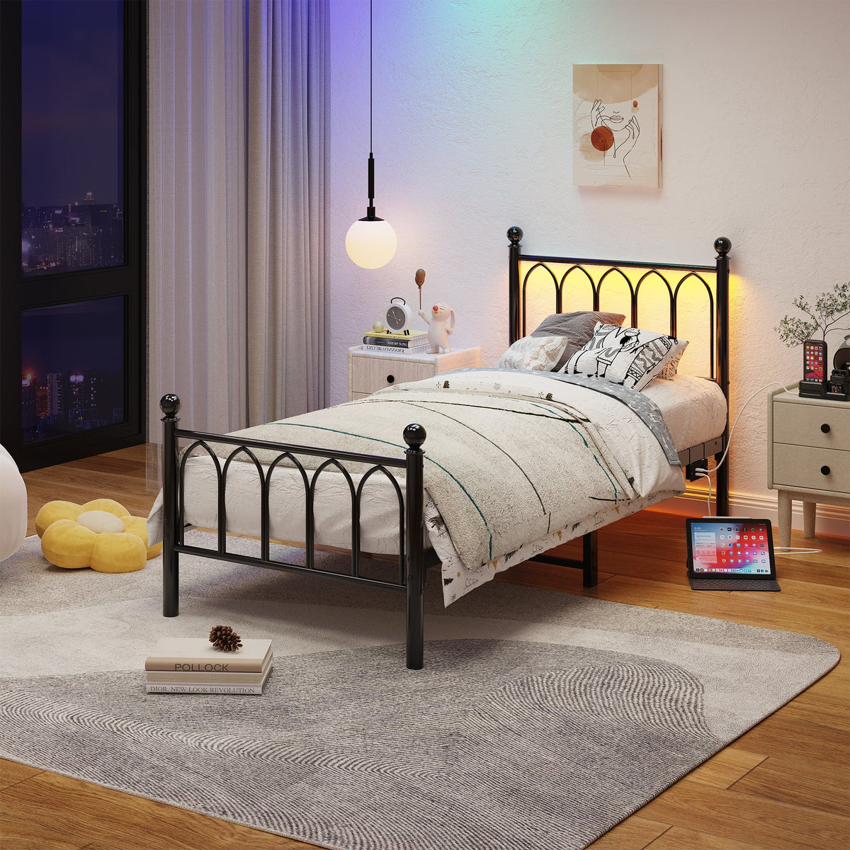 Metal Bed Frame with USB, LED, Vintage Headboard and Footboard, Black