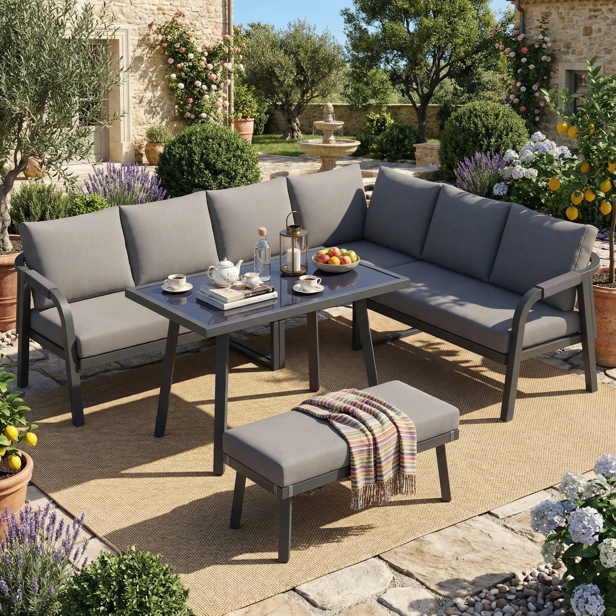 Garden Dining Set with Corner Sofa, Table and Bench, Seats 8, Grey Woven Steel