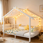 Children's House Bed 90x200cm with Safety Rail, White Metal