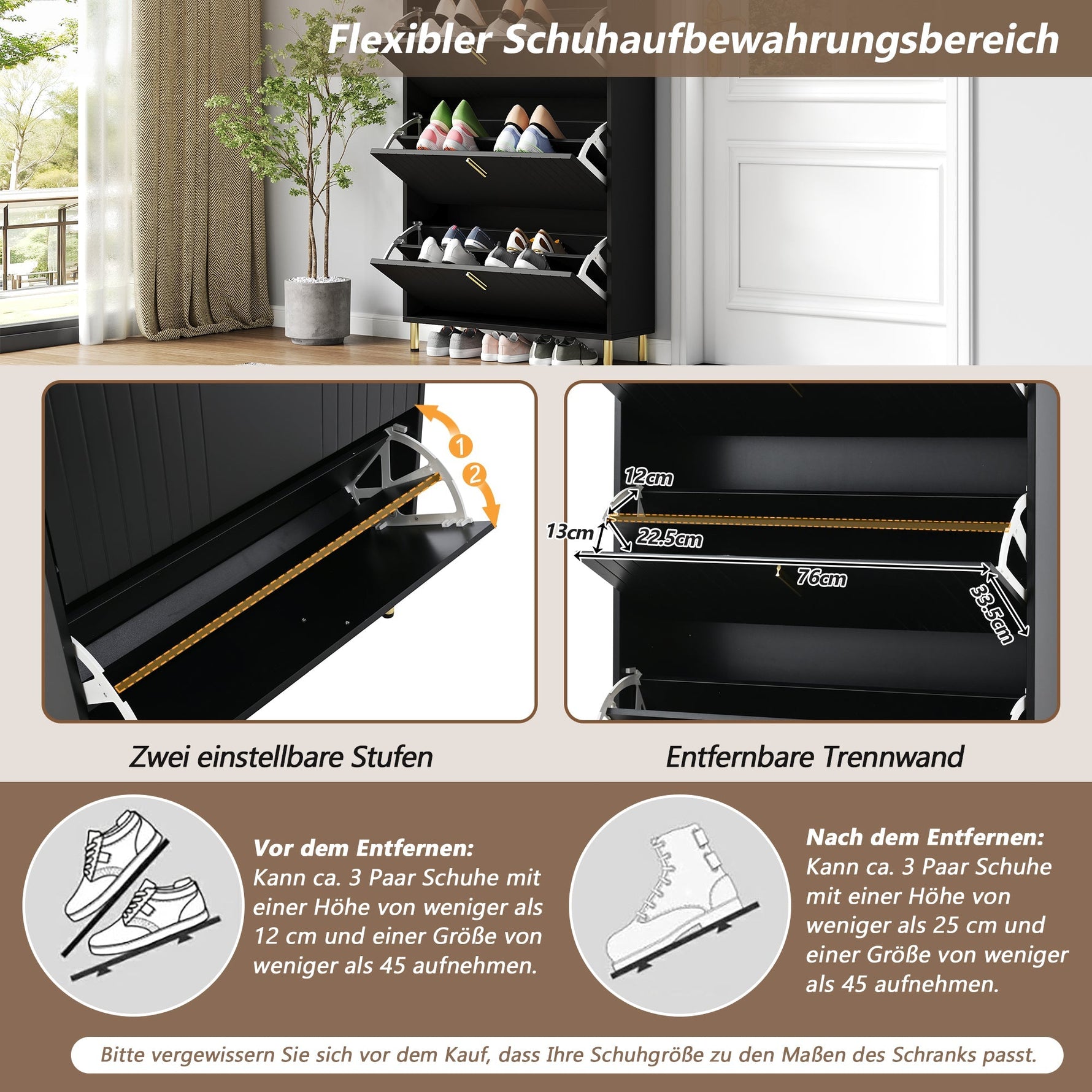 Shoe Cabinet 3 Doors 6 Adjustable Compartments Narrow Anti-tip Black