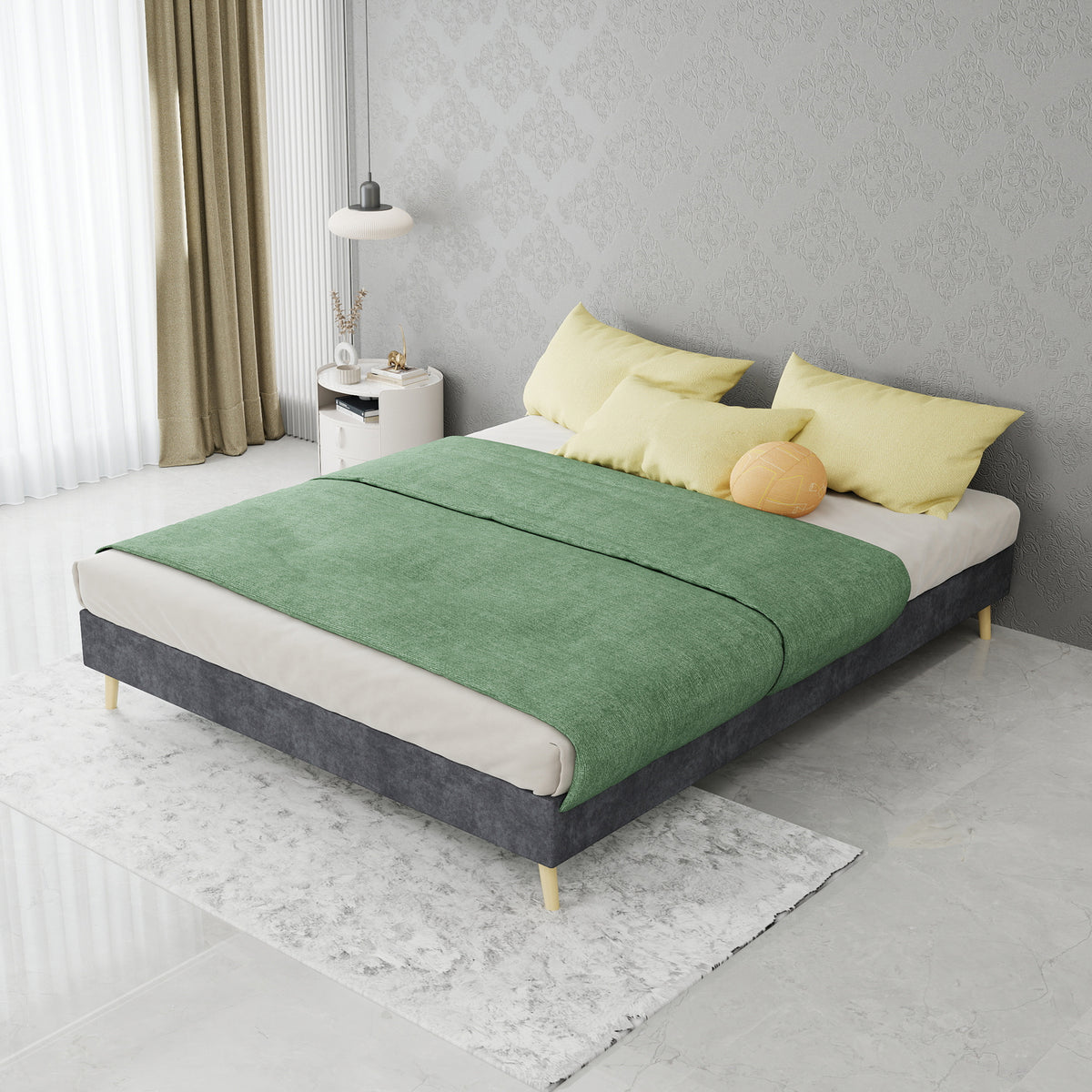 Modern Minimalist Bed Frame, 140x200cm with Mattress, Gray Velvet