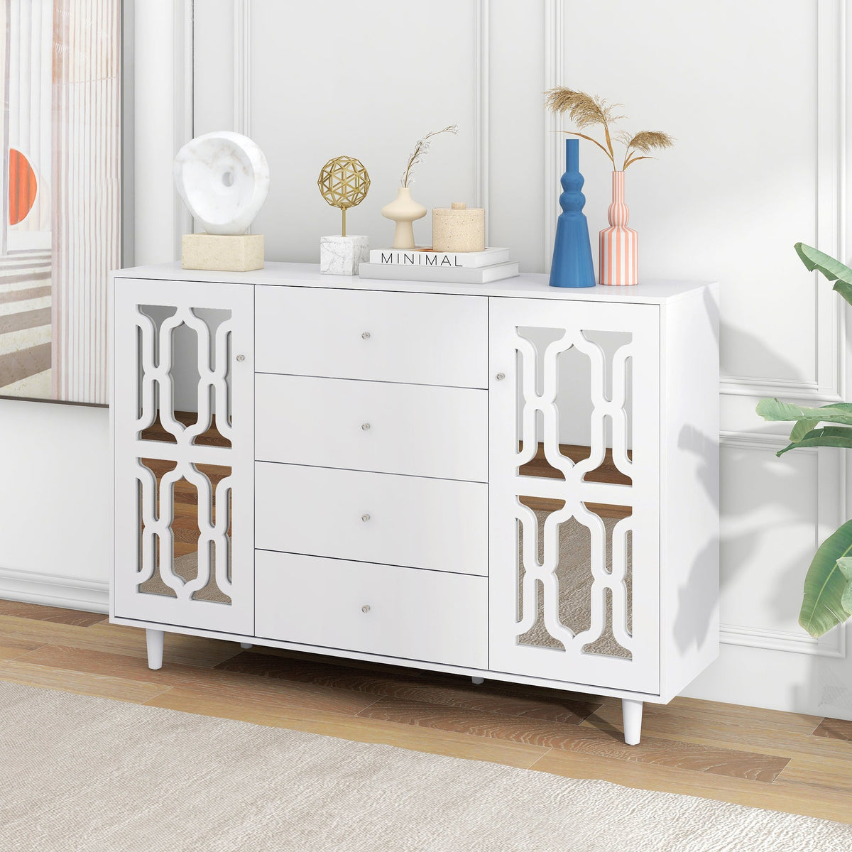Mirrored Sideboard Crystal Handles 147.5x40x102cm, White
