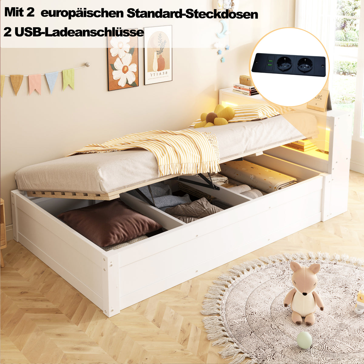 Sofa Bed 90x200cm with Storage & LED Light, Solid Wood, White