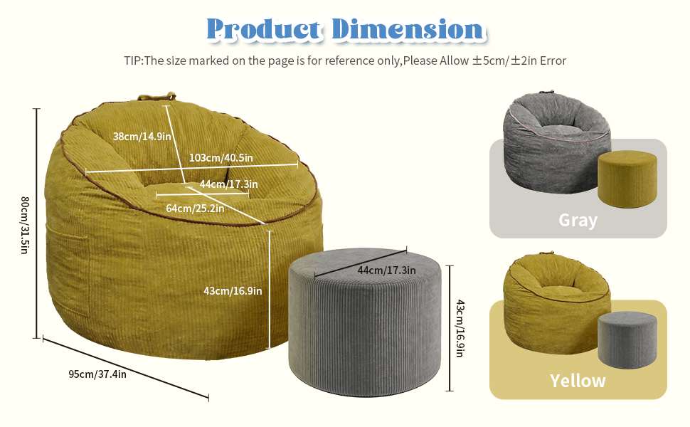 Ergonomic Curved Bean Bag Chair with Storage Pocket and Matching Ottoman, Modern Comfort