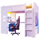 Loft Bed 90x200cm Gaming Bed Desk LED USB/Type-C Drawer Clothes Rack White