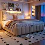 Upholstered Storage Bed 140x200 cm with LED & USB, Beige Linen