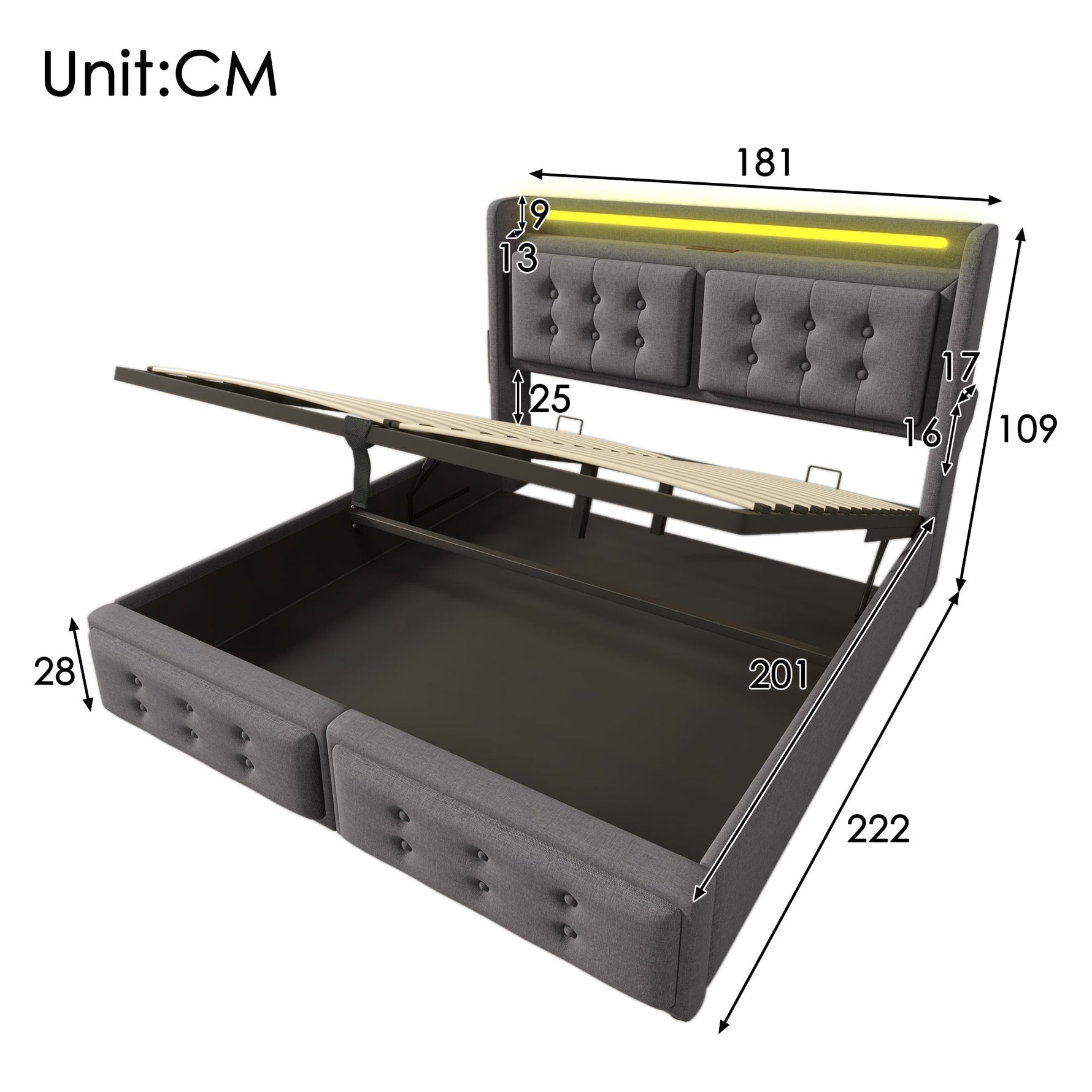 Upholstered Double Bed with LED Headboard, USB C and Hydraulic Storage, 180x200cm, Grey Cotton