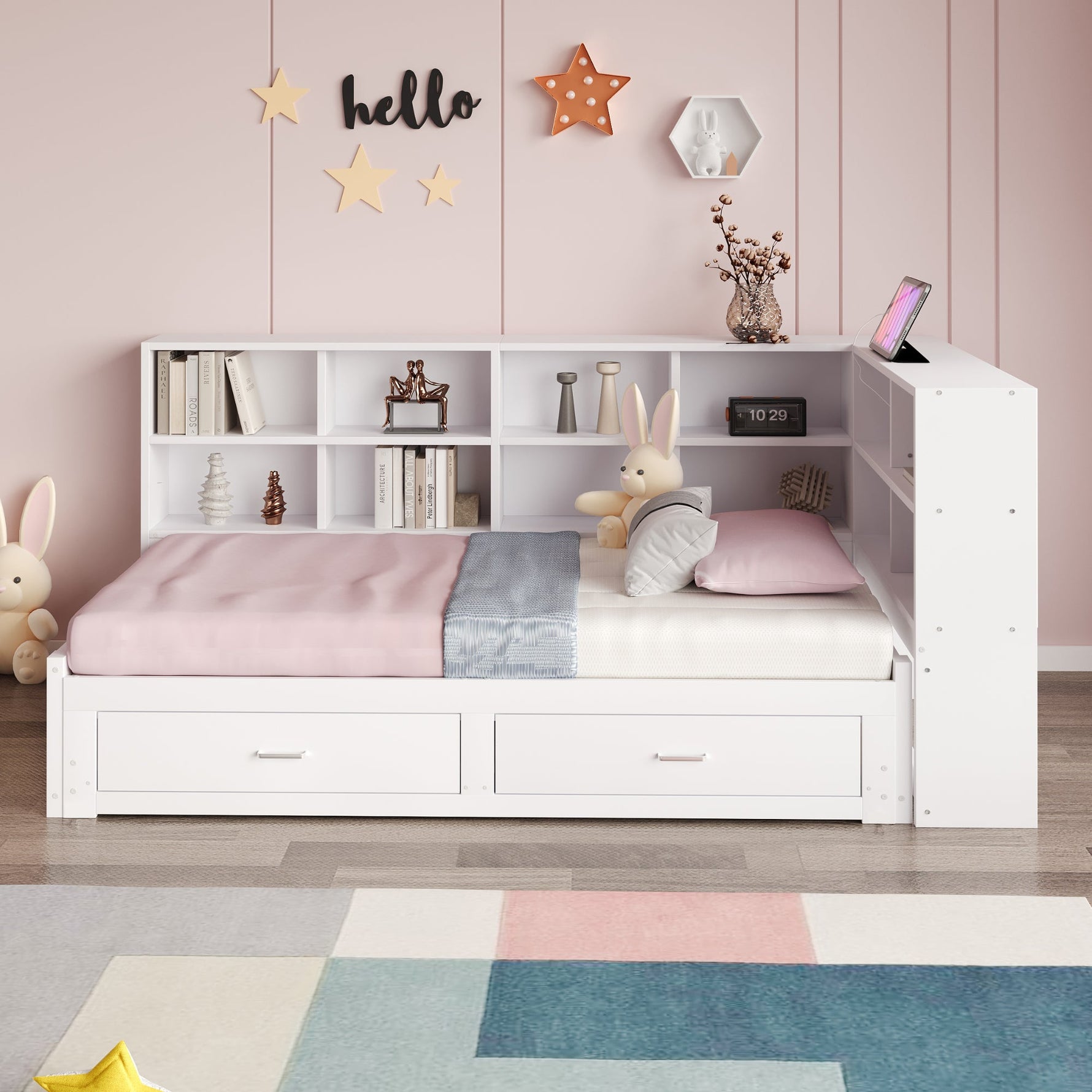 Solid Wood Sofa Bed 90/180*190cm Pull-Out Storage Drawers, White