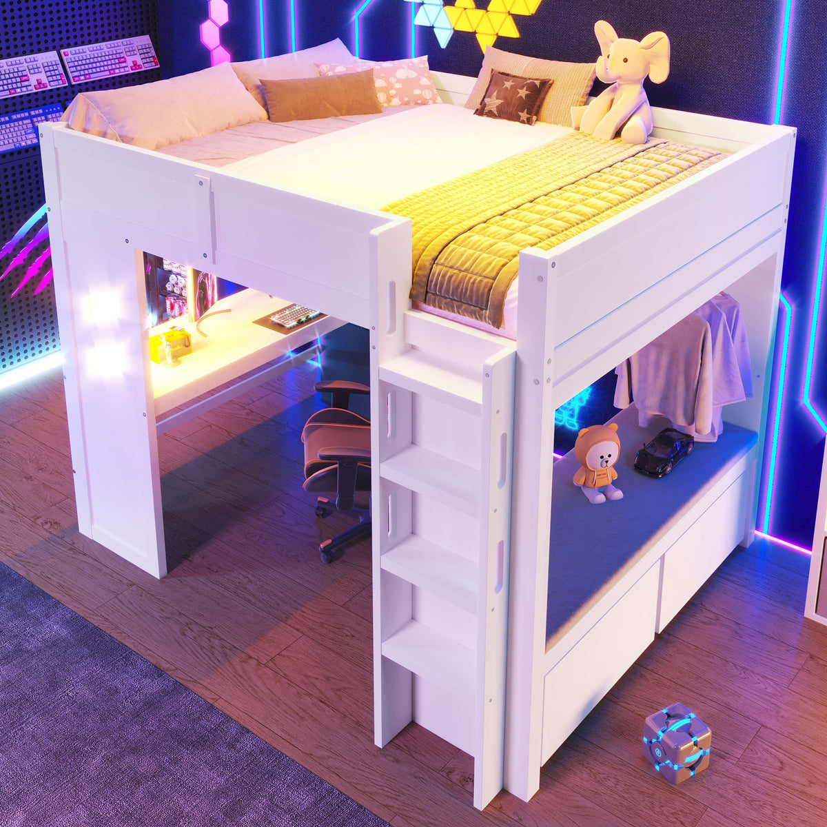 Loft Bed 140x200cm Gaming with Desk, LED Lights, USB/Type-C Ports, White