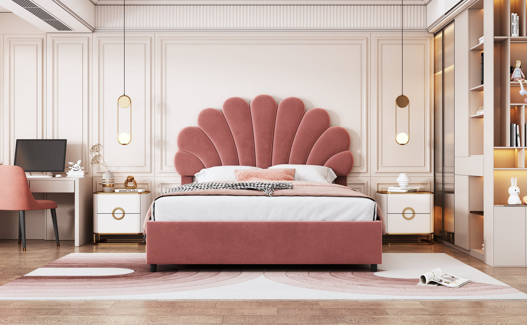 Upholstered Bed, 140x200cm, Floral Headboard, Hydraulic Storage, Pink Velvet