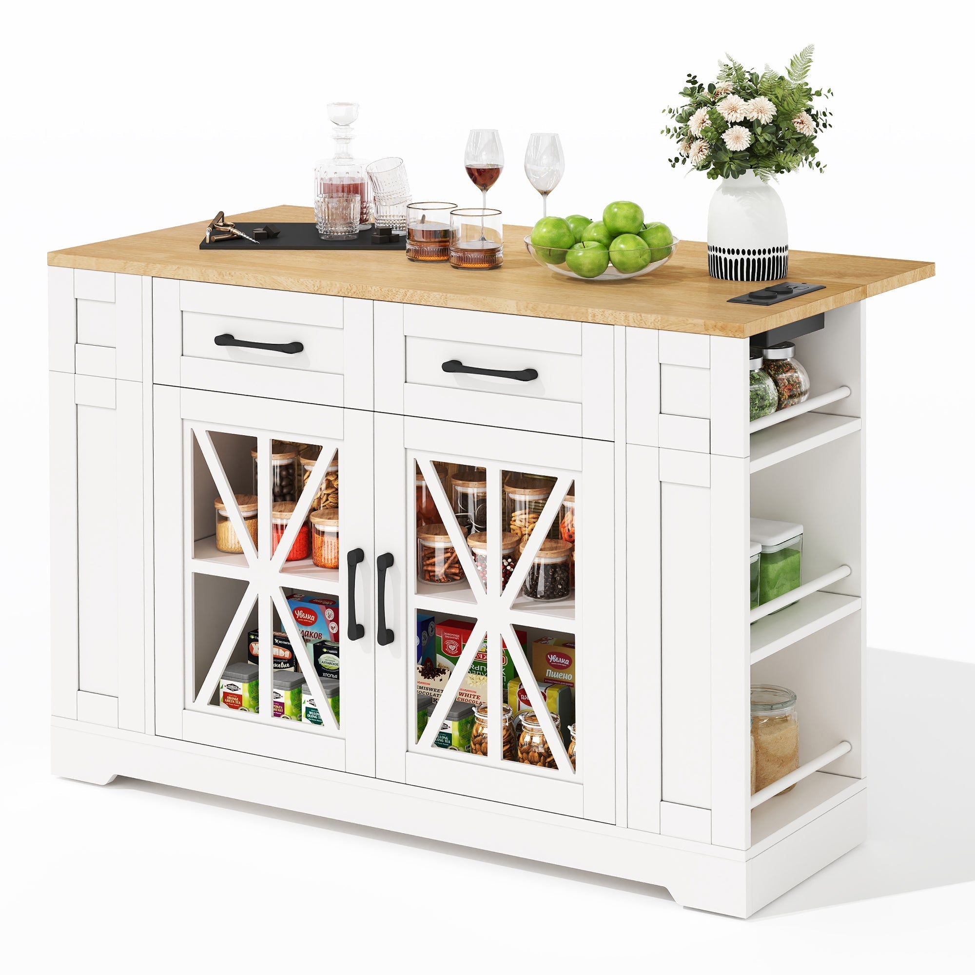 Portable Kitchen Island 120cm Folding Dining Table USB Charging Storage on Casters