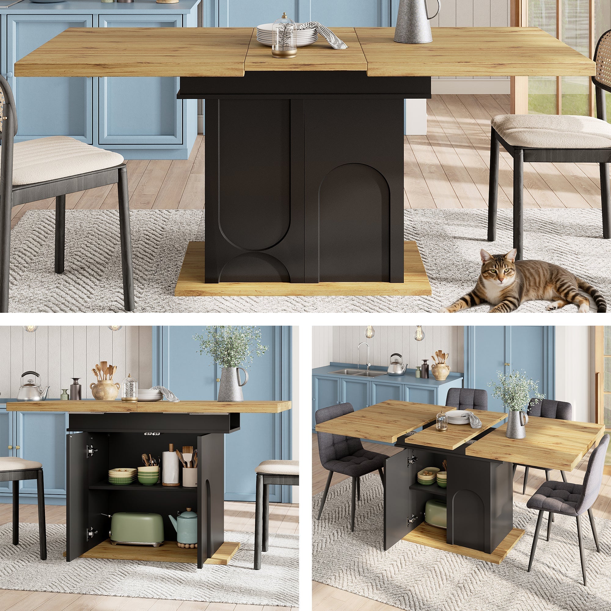 Telescopic Dining Table 110-140x80cm Extendable Foldable Storage Cabinet