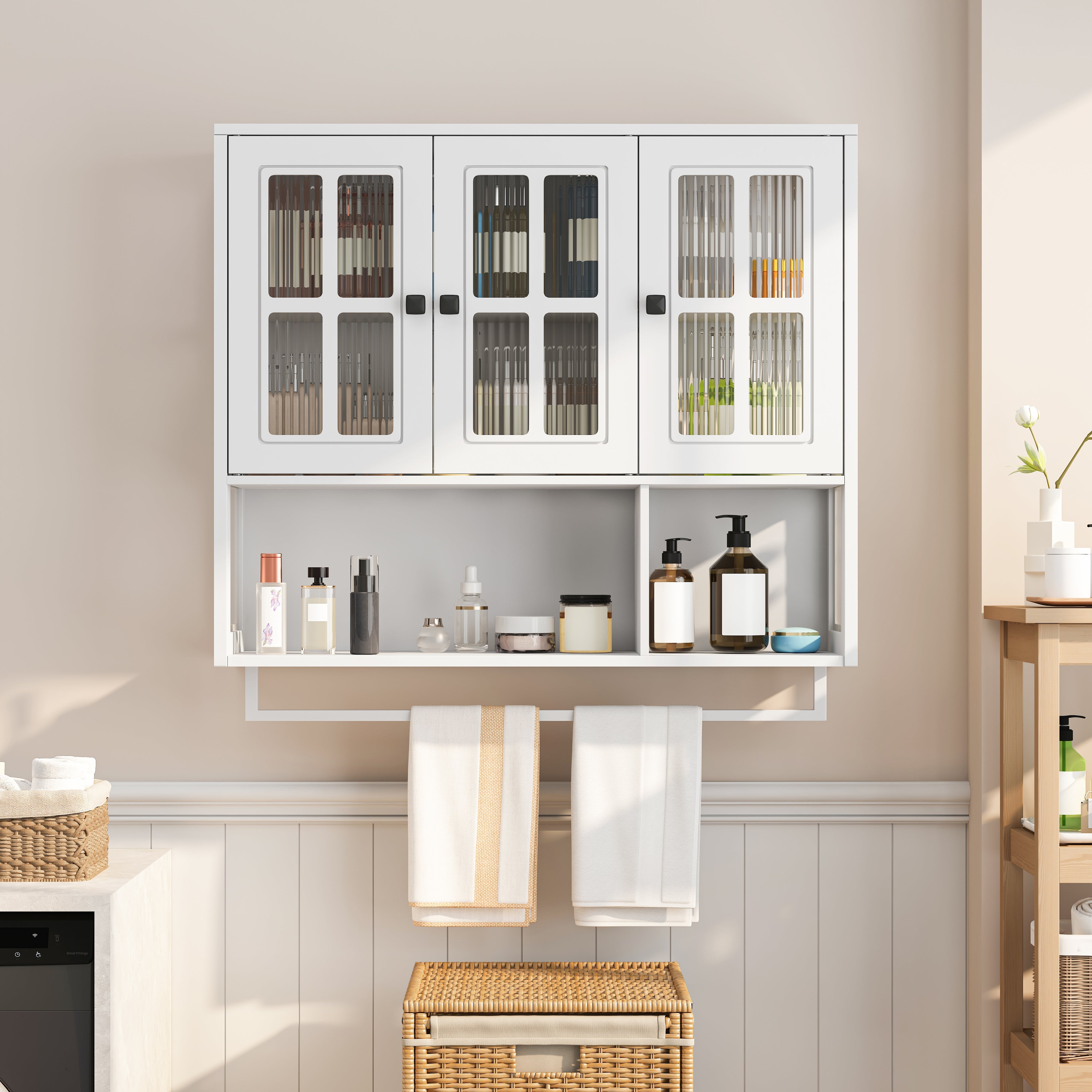Bathroom Wall Cabinet, 3-Door Wooden with Open/Hidden Storage & Towel Bar, White