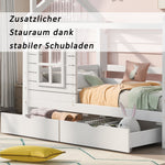 House Bed with Fall Protection, Window and Slatted Base, 80x160cm, White Solid Wood