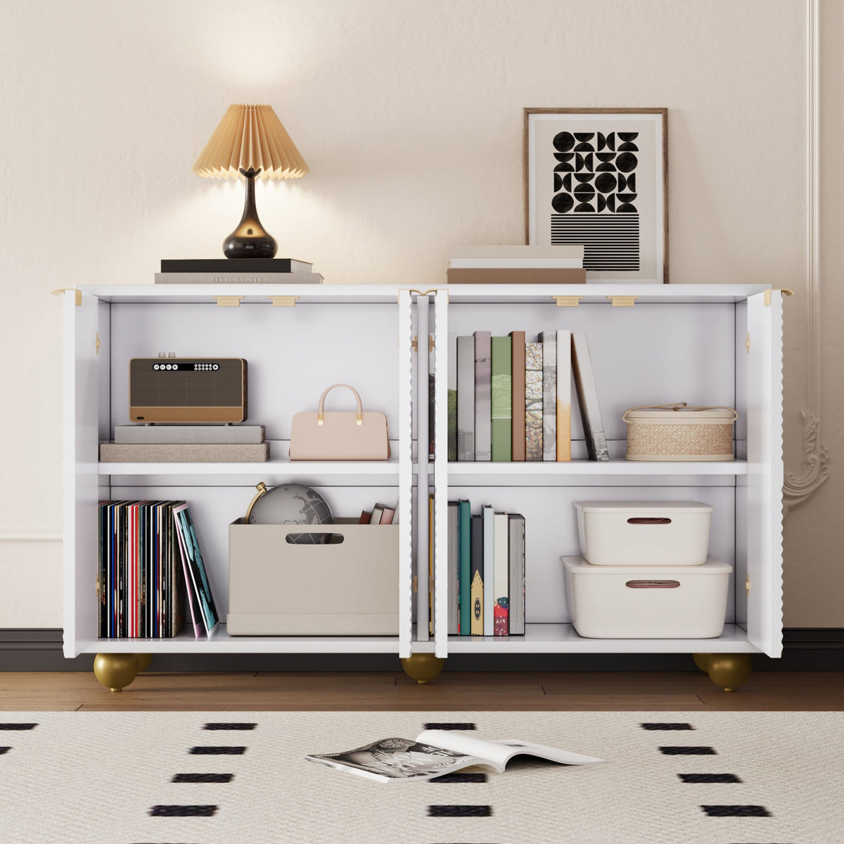 Sideboard with Four Molded Doors and Adjustable Shelves, Wood and Metal