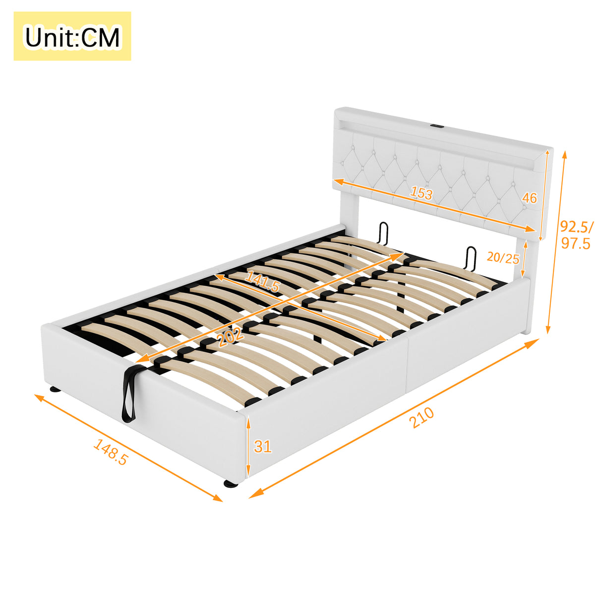 Upholstered Flat Bed 140x200cm with Storage & USB - White