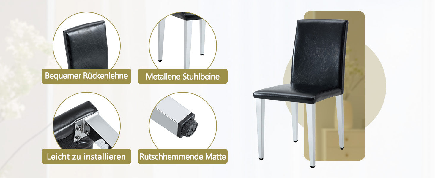 Minimalist Dining Chairs Set of 2, Ergonomic PU Leather and Metal, Black and Silver