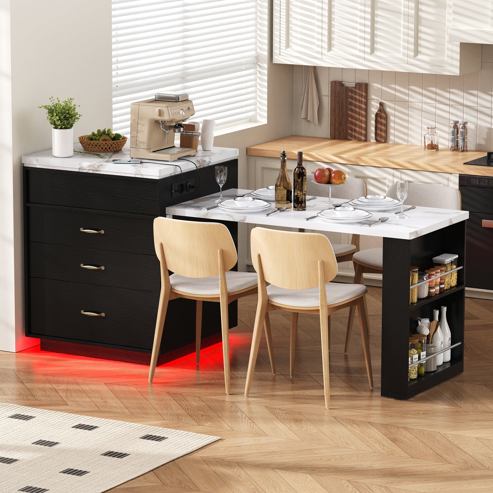 Kitchen Island on Wheels Extendable Table with LED & Power Strips Black