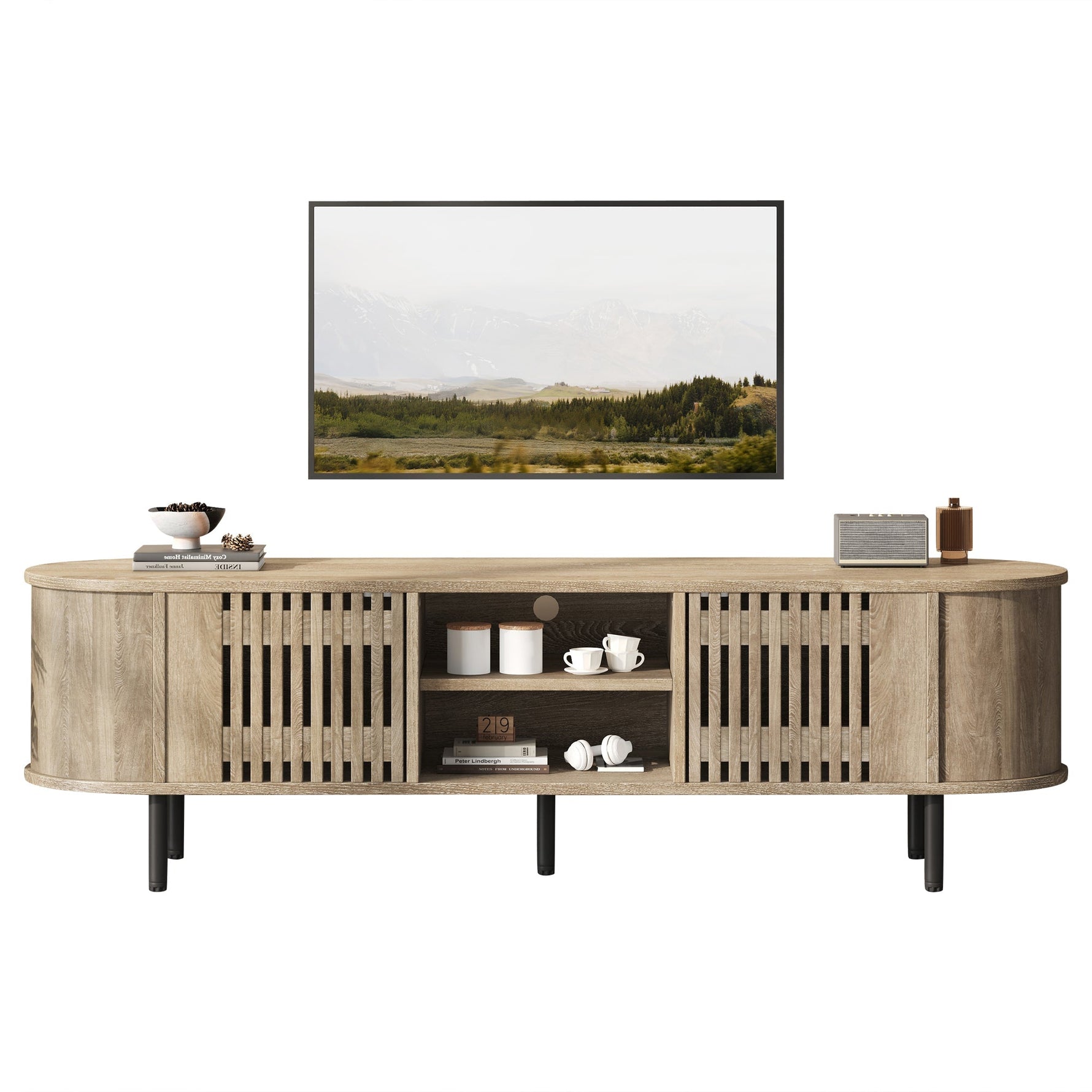 TV Cabinet Lowboard 160x40x47cm Openwork Design 2 Cabinets for 65" TV - Natural Wood