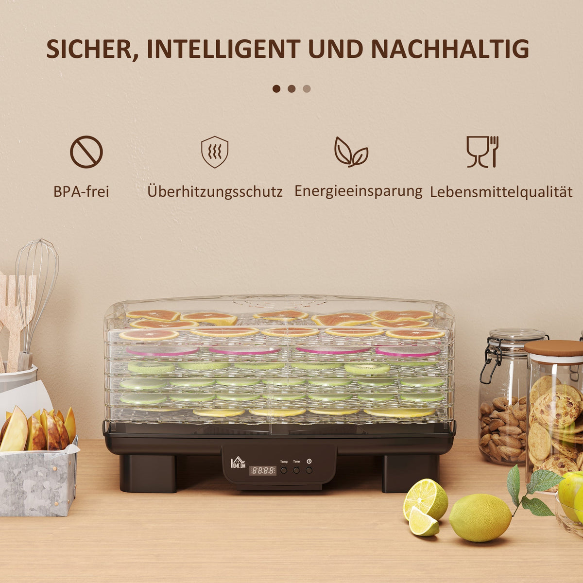 Food Dehydrator, 6 Trays, 550W, 40-70°C, 48-Hour Timer, Black