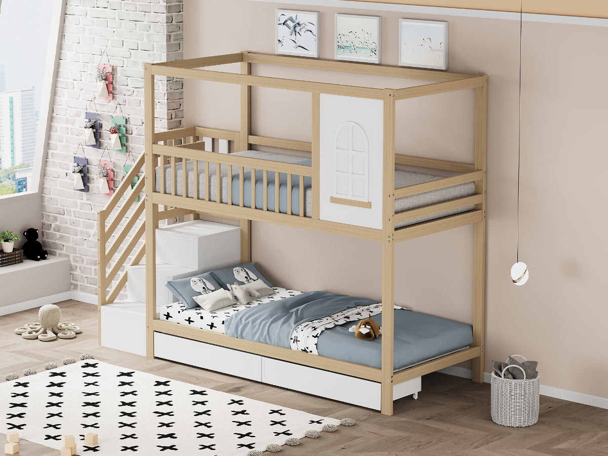 Bunk Bed, 90x200cm House Shape with Drawers & Ladder, Solid Wood, Wood Color