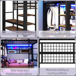 Loft Bed with Storage, Net, Clothes Rail and LED Light Strip, Iron Frame, Black