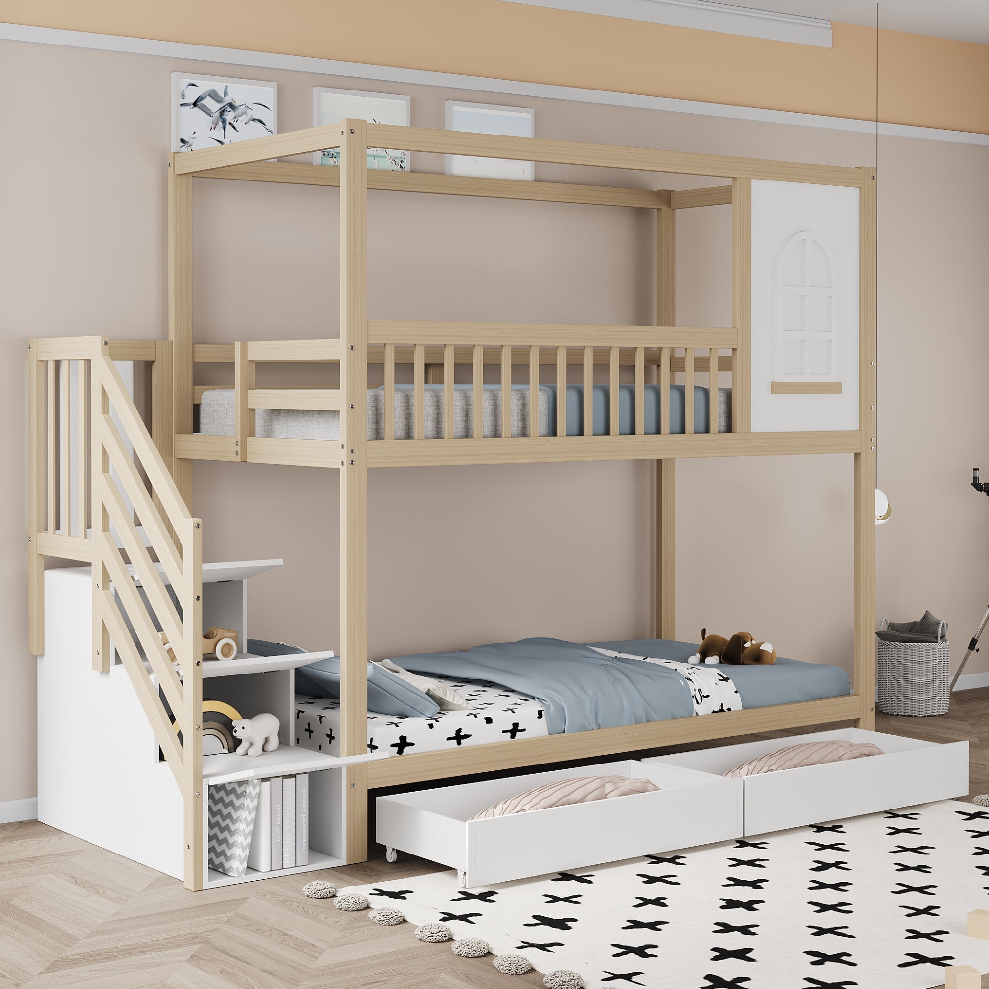 Bunk Bed, 90x200cm House Shape with Drawers & Ladder, Solid Wood, Wood Color
