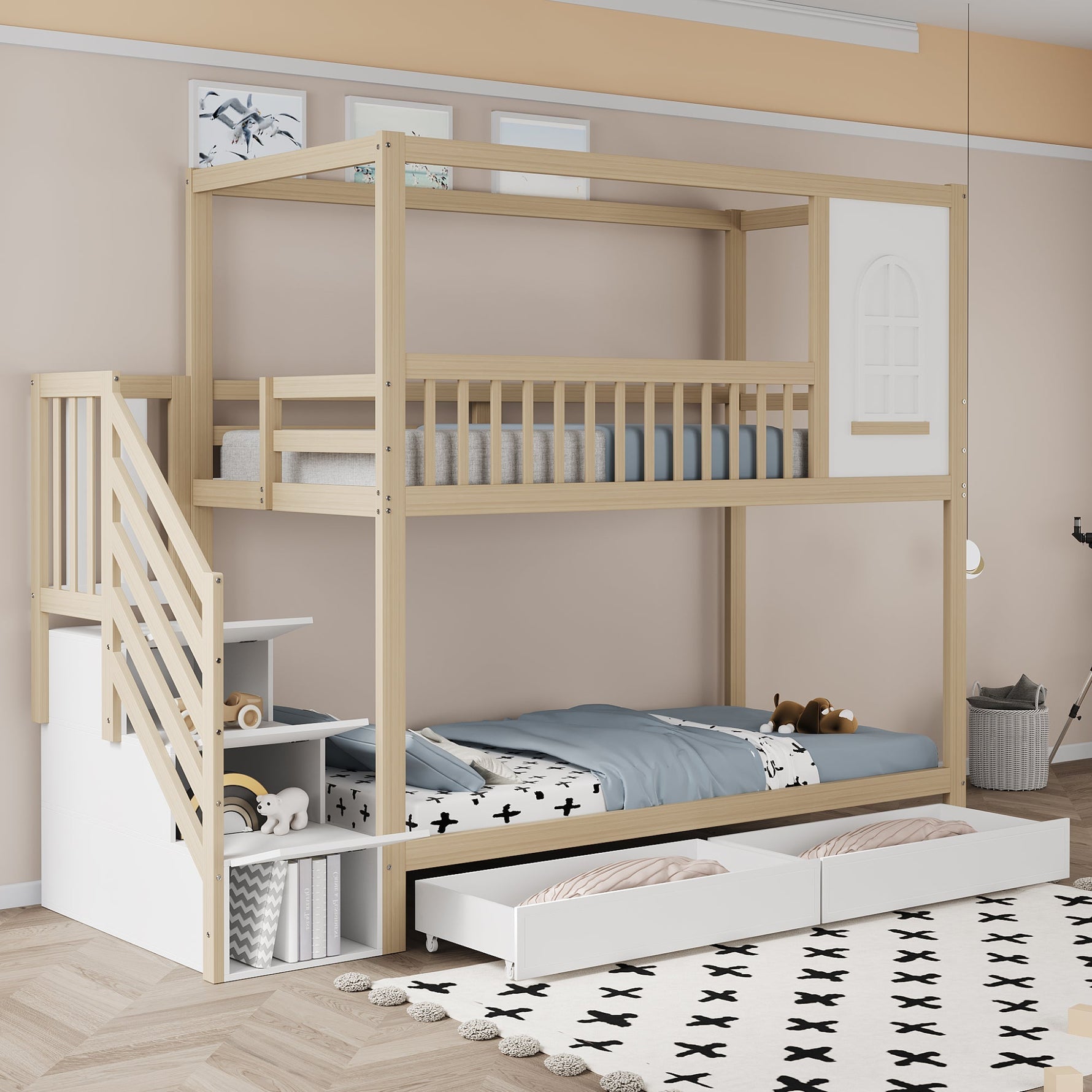 Bunk Bed, 90x200cm House Shape with Drawers & Ladder, Solid Wood, Wood Color