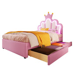 Upholstered Bed 90x200cm Crown Headboard Ambient Light 2 Drawers - Pink PU