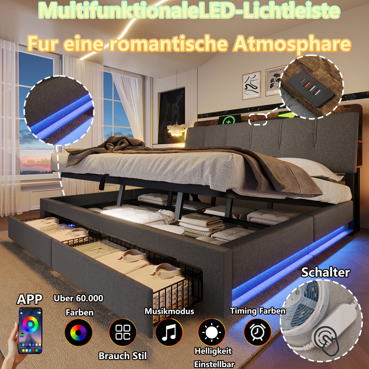 Upholstered Bed 180x200cm with Hydraulic Storage & LED, Grey Linen