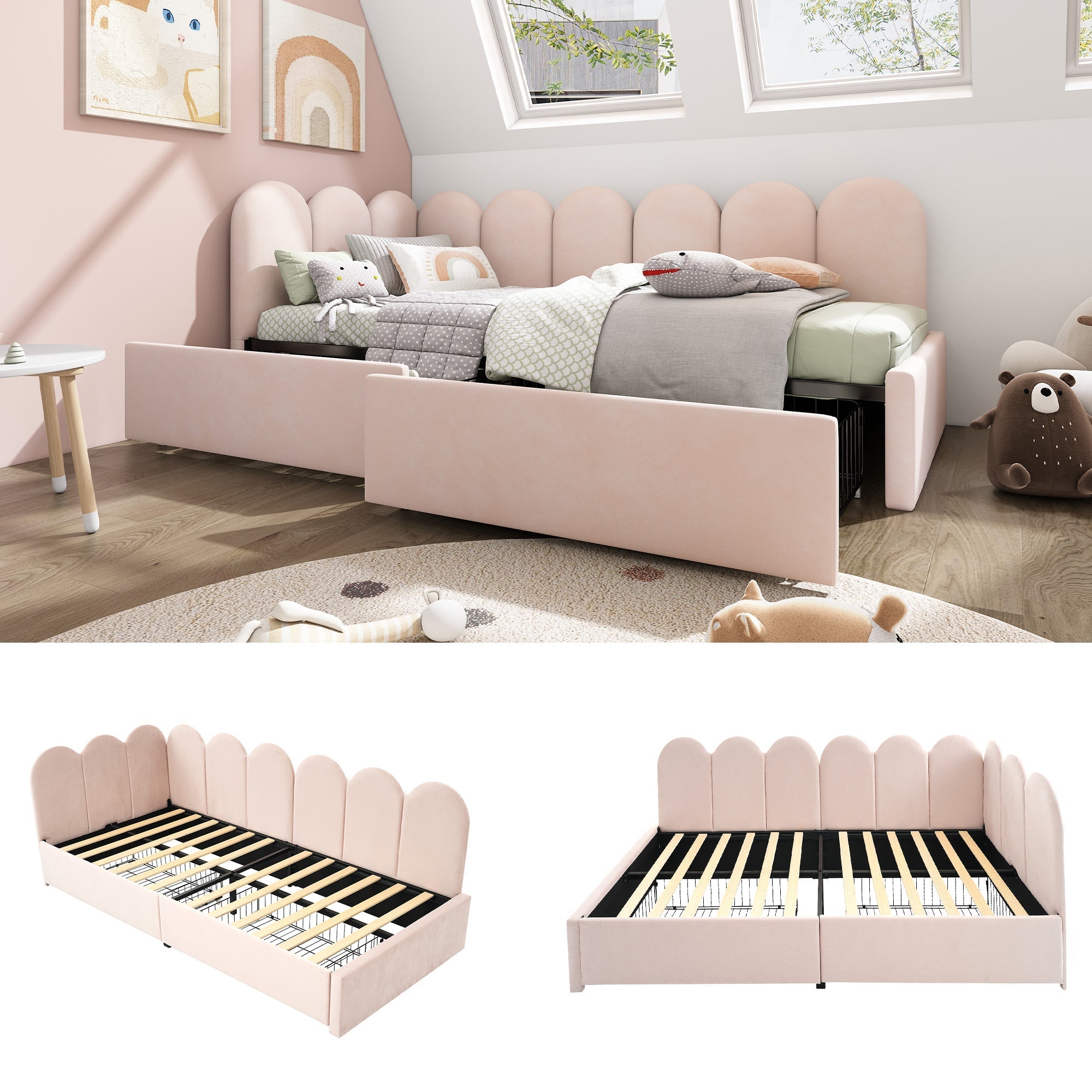 Upholstered Bed, Single with Drawers & Slatted Frame, Velvet Pink